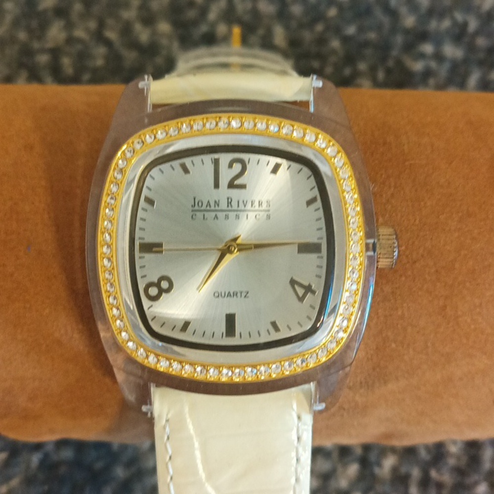 Joan Rivers off white leather and rhinestone women's watch